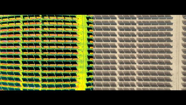 Side by side thermal and visible images of renewable power using thermal drone