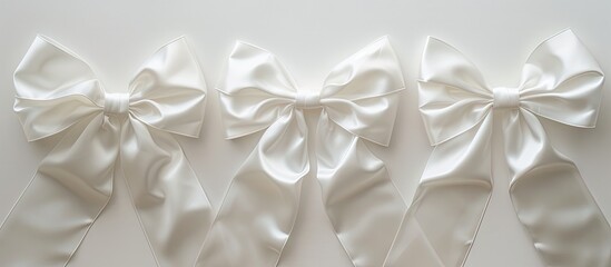 A group of white bows hangs neatly on a wall, creating a symmetrical and visually appealing display. Each bow is perfectly positioned, adding a touch of elegance to the space.