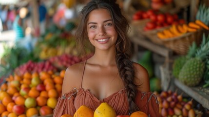  a woman standing in front of a fruit stand with oranges, apples, pineapples, bananas, and pineapples in front of a pineapple and pineapple.