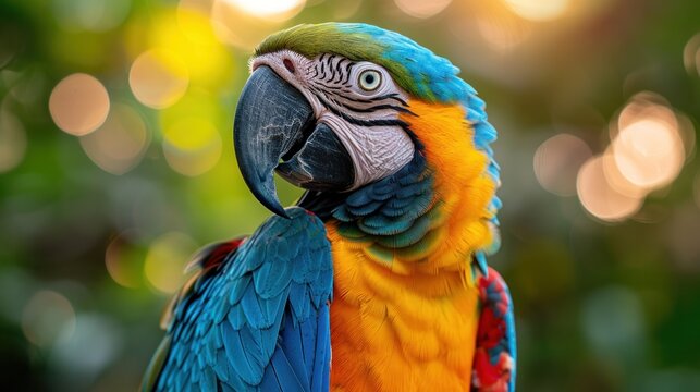  a close up of a colorful parrot with blurry trees in the backgrouds of the image in the backgrouds of a blurry background.
