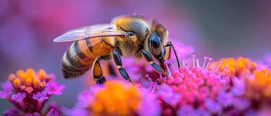  a close up of a bee on a flower with purple and yellow flowers in the foreground and a pink and orange flower in the middle of the photo, with a blurry background. - obrazy, fototapety, plakaty