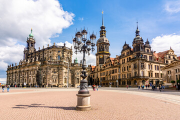 Dresden cityscape with cathedral and castle on Theaterplatz square, Germany