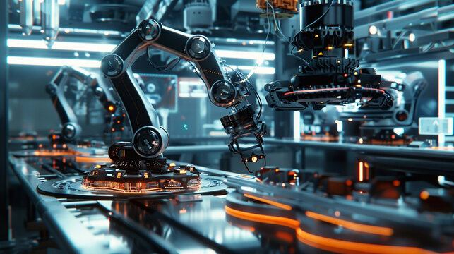 AI algorithms optimizing a high tech manufacturing process with robotic arms precisely assembling components under digital surveillance