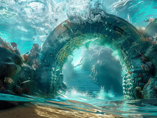 Shimmering magical energy emanates from a portal on the ocean floor revealing an otherworldly underwater kingdom