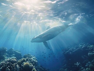 Naklejka premium Underwater vista colossal megafauna gracefully navigating coral kingdoms a dance of shadows and light