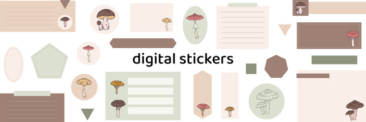 Digital note papers and stickers for digital bullet journaling or planning. Hand-drawn vector mushrooms set. Line art. Ready to use blank sticky notes.