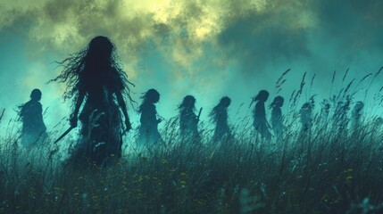  a group of people with long hair walking through a field of tall grass in front of a sky filled with clouds and grass stalks in front of the foreground.