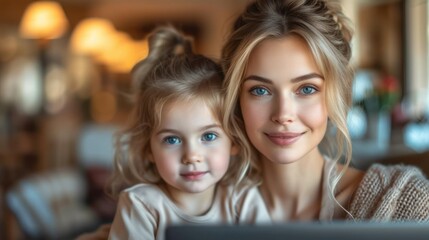  a woman and a little girl are looking at a computer screen and smiling at the camera, both of them are looking at the camera and smiling at the camera.