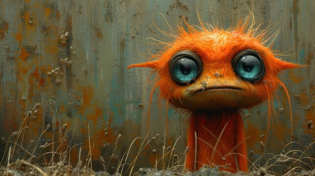  a painting of an orange bird with big eyes and a sad look on it's face, standing in front of a rusted metal wall with grass and weeds.