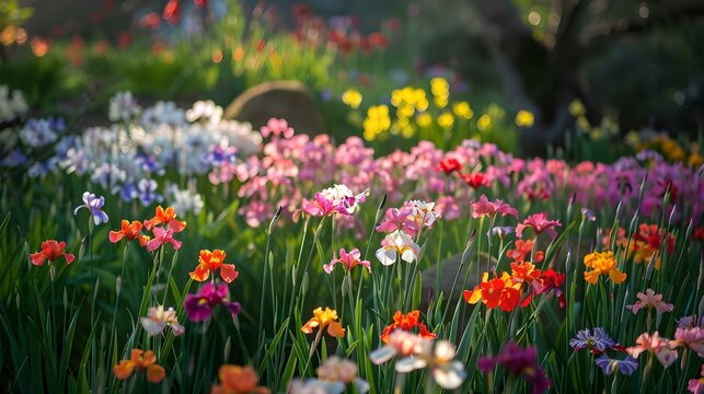 Colorful spring flower bed in bloom. diverse flora in a garden. ideal for backgrounds and nature themes. beautiful natural light setting. serene and vibrant landscape photography. AI