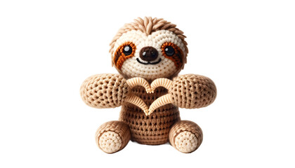 Cute knitted toy sloth with heart shaped paws