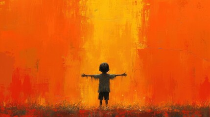  a painting of a little boy standing in a field with his arms wide open in front of an orange and yellow painting of a boy with his arms spread out.