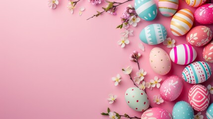 Obraz na płótnie Canvas Easter decoration colorful eggs on pink background with copy space. Beautiful colorful easter eggs. Happy Easter. Isolated.