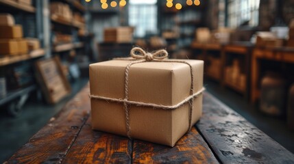  a wrapped present box sitting on top of a wooden table in a room filled with shelves of boxes and a string of twine with lights hanging from the ceiling. - obrazy, fototapety, plakaty