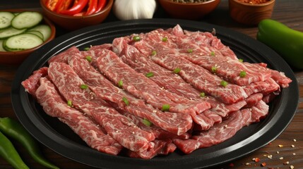 a pile of raw meat sitting on top of a black plate next to a pile of sliced cucumbers.