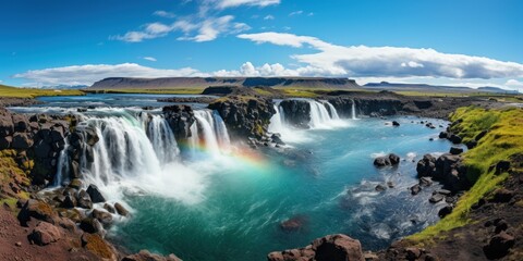 A waterfall cascading with a rainbow appearing in the middle of it