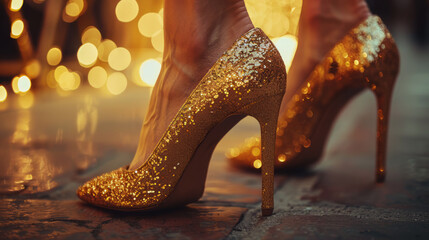 Female legs in gold glitter chunky high heel pumps. Shoes for wedding, Christmas, new year, evening, cocktail, night out. Golden stiletto heels. - obrazy, fototapety, plakaty