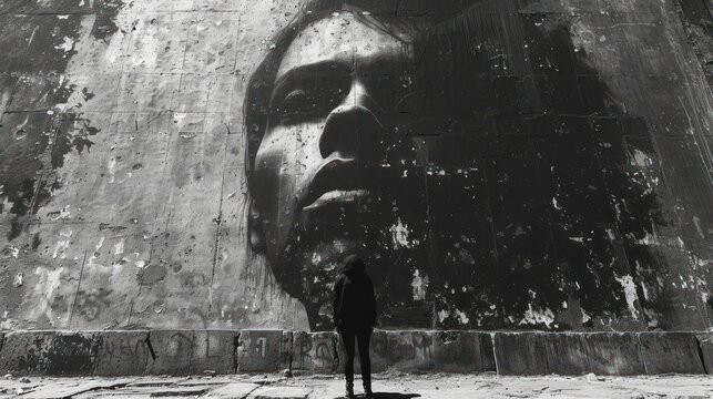 a black and white photo of a man standing in front of a wall with a large painting of a man's face on it's side of a man.