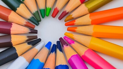 A group of colored pencils in various hues are carefully arranged in a perfect circle, creating a...