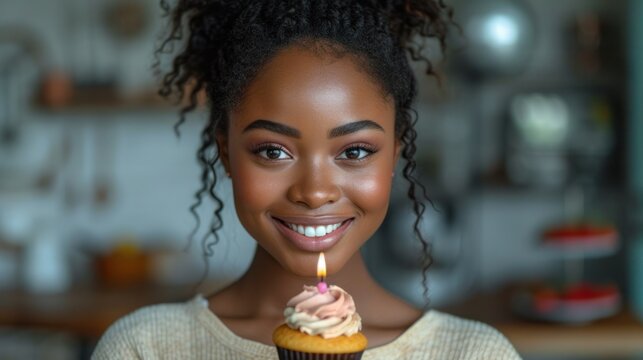  a close up of a person holding a cupcake with a lit candle in it and smiling at the camera with a blurry background of a kitchen and counter.