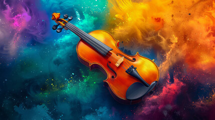 Fototapeta na wymiar World music day banner with violin on abstract colorful dust background.