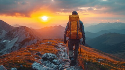  a man hiking up a mountain with the sun setting in the distance in the distance, with a backpack on his back, and a backpack in the foreground. - obrazy, fototapety, plakaty