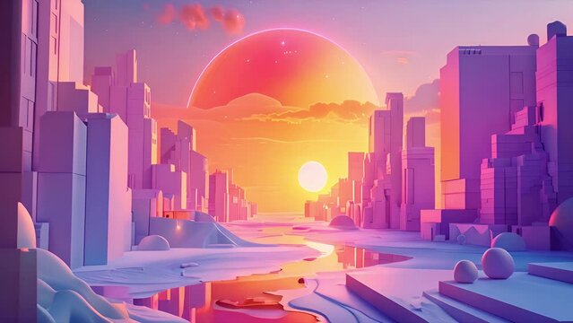 Pushing through a pink pastel city landscape with a reflective canal below as the sun sets in the distance