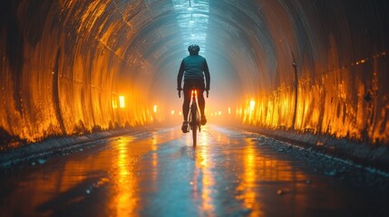  a bicyclist rides through a tunnel in the middle of the night with bright lights on the sides of the tunnel and a man on the front of the bike. - obrazy, fototapety, plakaty