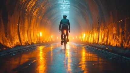 Fotobehang  a bicyclist rides through a tunnel in the middle of the night with bright lights on the sides of the tunnel and a man on the front of the bike. © Wall