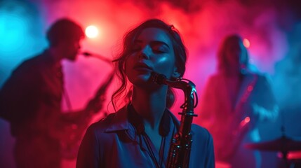  a woman playing a saxophone in front of a group of people in a dark room with red and blue lighting on the walls and behind her is a man with a saxophone in the foreground.
