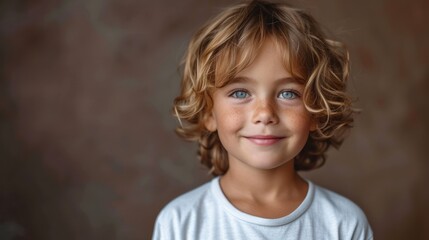 Naklejka premium a close up of a child's face wearing a white t - shirt with a brown wall in the background and a brown wall behind the child's head.