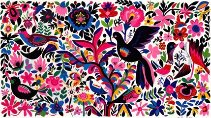 a colorful painting of birds and flowers on a white background with pink, blue, green, yellow, and red colors.