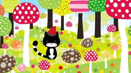 a painting of a black cat standing in a forest with mushrooms and mushrooms on the ground and trees in the background.