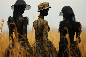 Silhouettes of three African women in a field in black vintage clothes. African women in the field. Wild West. - 746081501