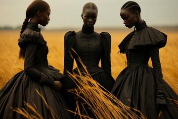 Three African women in a field in black vintage clothes. African women in the field. Wild West. African women dressed in ancient dresses. - 746081510