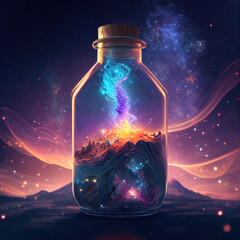Milky way Galaxy in bottle. AI generated
