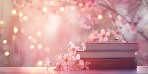Natural beautiful flowers lie on the pages of an open book against the backdrop of nature,Natural beautiful flowers lie on the pages of an open book,Old books and pink flowers on wooden table in front - obrazy, fototapety, plakaty