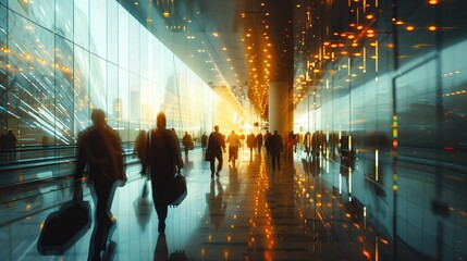 Golden Hour Commute: Silhouetted Travelers in Modern, Illuminated Corridor