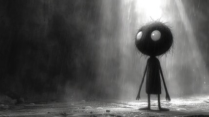  a black and white image of a person standing in the rain with an evil look on their face and eyes, with a light shining through the darkness behind them. - obrazy, fototapety, plakaty