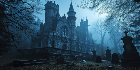 Gothic castle at twilight with mist and crows. Spooky Halloween theme