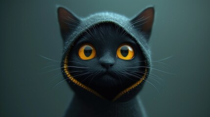 a close up of a black cat with a zipper on it's back and yellow eyes and a hood on it's head, with a dark background.