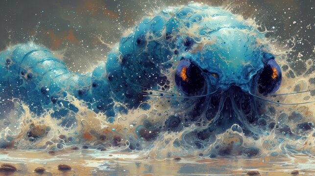  a painting of an octopus in the middle of a body of water with its head sticking out of the top of it's body, with water splashing around it.