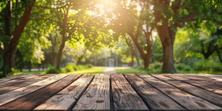 The empty wooden table top with blur background of garden Exuberant image
