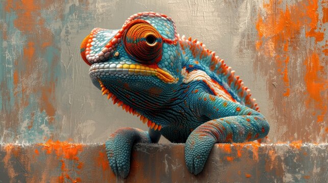  a blue and orange chamelon sitting on top of a rusted metal wall with orange paint splattered on it's sides and a gray background.