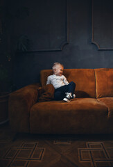 Adorable Rich Little Cute Boy on Vintage Sofa in Dark Interior - 746082121