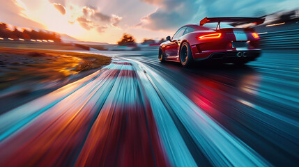 High-speed motion blur of a racing car on track at sunset.