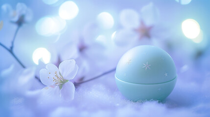 a close up of an egg on a snowy surface with a flower in the foreground and a blurry background.