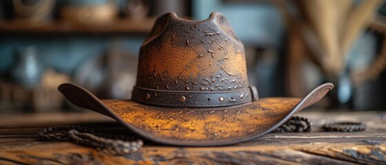  a brown hat sitting on top of a wooden table next to a pair of scissors and a pair of scissors on top of a wooden table top of a wooden table. - obrazy, fototapety, plakaty
