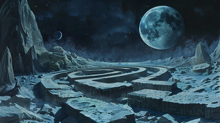 Naklejka premium landscape with moon, Digital universe law of nature digital art illustration