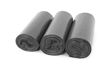 Rolls of black garbage bags isolated on white